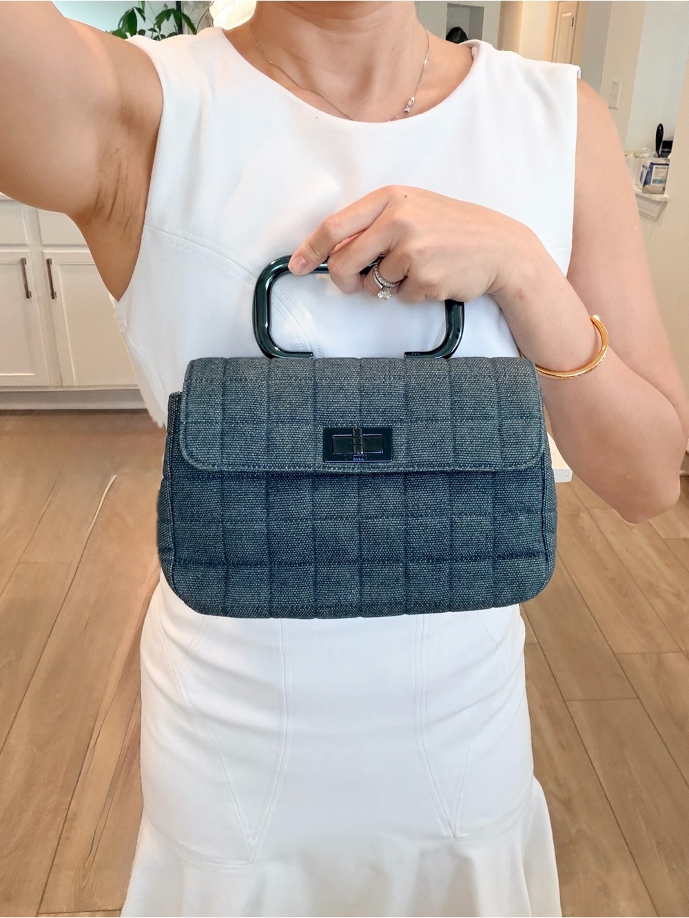 Auth CHANEL Mini Chocolate Bar 2.55 Blue Denim Quilted Top Handle Bag